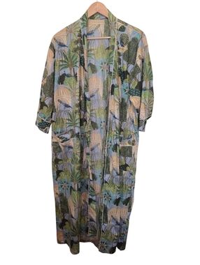 Vintage Peacock Print Lightweight Open-Front Robe With Pockets EUC No Tags OS